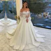 Strapless A Line Lace Wedding Dresses with Puffy Long Sleeves Appliqued Court Train Lace-up Back Plus Size Bridal Gowns