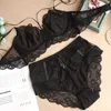New Black Transparent Women Bra And Panty Set Plus Size Lingerie Sexy Bandage Deep V Ultra Thin Push Up Brassiere Lace Underwear X0526