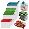 Kitchen storage 5Pack Reusable Produce Bags Black Rope Mesh Vegetable Fruit Toys Organizer Pouch Durable polyester Drawstring bag