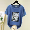 Harajuku Bawełniana T Shirt Kobiety Lato Krótki Rękaw Korea Styl Aplikacje Tshirt Topy Casual List Drukuj Tee Koszula FEMME 210604