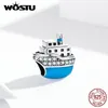 WOSTU 925 Sterling Silver Travel Cruise Ship Blue Beads Zirconia Charms Fit Original Bracelet Necklace Luxury Jewelry CQC1379 Q0531