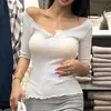 Womengaga kadın sonbahar Kore yaz üst ince seksi v boyun t-shirt düşük büstü tişörtleri pamuk gevşek rahat Q84 210603