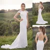 2021 Boho Wedding Dress Jewel Capped Sleeves Open Back Lace Appliques Bridal Gowns Custom Made Sweep Train A Line Boho Dresses Robe De Mariee