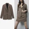 ZA Houndstooth Blazer Women Long Sleeve Single Breasted Office Lady Blazers Coat Female Fashion Plus Size Vintage Top 210602