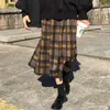 Винтажные клетки плиссированные длинные юбки зимние женщины панк рок корейская шерстяная юбка уличная одежда емкости эластичная талия MIDI юбка 210309