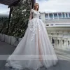 2021 beige een lijn trouwjurken bruidsjurken vloer lengte lange mouw sexy backless kant geappliceerd tule bruid jurk