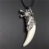 Wolf Tooth Men Necklace Fashion Resin Alloy Head Pendant Necklaces With Leather Rope Jewelry