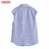 Tangada Femmes Mode Bleu Tweed Gilet surdimensionné Gland sans manches Femme Gilet Chic Tops 3H502 210609