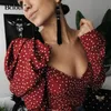 Sexy Crop Top Backless Polka Dot Shirts Vrouwen Lace Up Red V-Neck Puff Sleeve Geweven Dames Blouse Herfst Zomer Streetwear 210303