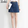 Zoki sexiga kvinnor denim mini kjol mode sommar hög midja koreanska svart blå paket höft jeans hajuku plus storlek bomull 210629