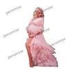 Light Pink Prom Dresses Long Sleeves Pregnant Women's Dress Ruffles Train Sheer Maternity Gowns for Photo Shoot