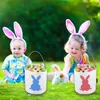 Easter Bunny Basket Bags for Kids Canvas Cotton Carrying Gift and Eggs Hunt Bag, Fluffy Tails Printed Rabbit Canvas Toys Bucket Tote (Blue+P