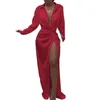 Robes décontractées Satin soie robe sexy à manches longues fête femmes boîte de nuit doux automne solide fendu rabattu robes de créateurs robes de soirée jupe 172