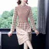 Tylko plus Autumn Damska Sukienka Szkaturek Dla Kobiet A-Line Slim Patchwork Różowe Suknie O-Neck Pearl Długie Rękawy Vestidos Y1204