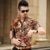 Floral Print Shirt Men Brand New Gold Bronzing Short Sleeve Chemise Homme Fancy Flower Mens Dress Shirts Camisa Masculina