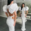 2022 Sequin Mermaid Evening Dress Sexy Backless Hollow Out Prom Gowns Puffy Sleeve Slim Party Celebrity Dresses