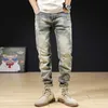 Italian Style Fashion Men Jeans High Quality Retro Yellow Blue Elastic Cotton Ripped Denim Punk Pants Vintage Designer Trousers