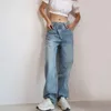 Summer Fashion Light Blue Women Asymmetric Fly Jeans With Button Closure Split Waist Straight Leg Plus Size 2S4F 210809