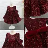 Flower Girls 'Dresses Sequin Burgundy Baby Velvet Full Sleeves Blommor Klänning Knee Längd Klänningar Bow Puffy First Communion