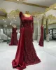 Evening Dresses Bury Mermaid Long Sleeves Beaded Lace Applique Jewel Neck Floor Length Satin Plus Size Prom Party Gowns Designer