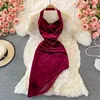 Sexy Halter Backless Irregular Dress Women Autumn Solid Sleeveless High Waist Club Party Vestidos Streetwear Mini Velvet Dress Y1204