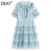 [DEAT] Summer Fashion Stand-up Collar Knee-length Diamonding Splicing Net Yarn Loose Elegant Dress Women 13C921 210527