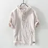 여름 패션 남성 셔츠 후드가있는 칼라 반 소매 셔츠 남자 린넨면 직물 일본식 스타일 캐주얼 티 셔츠 카미사 hombre t200505