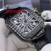 Hoge Kwaliteit Skelet Dial Horloge Roestvrij staal 38mm Batterij Quartz Beweging Dunne Case Polshorloge Kijk door Glass Back Lederen Band Heren Horloges