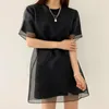 Korejpaa Frauen Kleid Sommer Koreanische Retro Temperament Rundhals A-Linie Kurzarm Nähte Gefälschte Zweiteilige Schleier Vestidos 210526