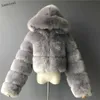 High Quality Furry Cropped Faux Fur Coats and Jackets Women Fluffy Top Coat with Hooded Winter Fur Jacket manteau femme T200905