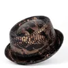 Men Flat Fedora Hat Leather Snake Skin Pork Pie Hat For Gentleman Dad Bowler Porkpie Jazz Big 4Size S M L XL