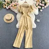 Damesmode geplooide vierkante kraag Hoge taille dunne korte mouwen lange jumpsuit effen kleur breed-poten overalls S416 210527