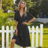 폴카 도트 여름 드레스 여성 섹시한 깊은 V 넥 나비 넥타이 짧은 소매 비치 드레스 인쇄 MIDI 긴 버튼 클로저 휴일 210625