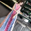 Summer Ruffle Pleated Long Dress Woman Pink Blue Patchwork Sleeveless Maxi Dresses Female Runway Design Bodycon 210603
