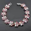 Örhängen Halsband St Röd Garnet Blomma Silver Färg Smycken Satser Kvinnor Bröllop Zirconia Bracelet Pendant Ring QS0534