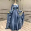 Robe de soirée en perles musulmanes bleu poussière, col Bateau, manches longues, ligne A, robes de bal, traîne de balayage, robe formelle plissée en mousseline de soie