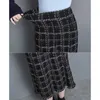 ビンテージの冬の黒いチェック柄ツイードスカートの女性ミディロングハイウエストAラインニットスカートオフィスレディースプラスサイズのスリムな作業服210619