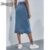 Benuynffy Single Breasted Longitud de la rodilla Falda de mezclilla Mujeres Streetwear Casual Bolsillo de cintura alta Jeans rectos 210629