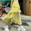 Midi långa kjolar kvinnor maxi kjol goth lolita sommar hög midja asymmetrisk låg ruched ruffle rok koreansk stil 210529