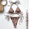 Sexig Sling Bikini Set High Cut Thong Brasilianska Badkläder Leopardtryck Halter Top Kvinna Badkläder Sommar Baddräkt Strand Slitage 210604