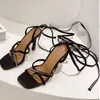 Sandals High Heels Shoes Summer Fashion Weave Women Crystal Lace Up Cross-Tied Ladies Open Toe