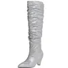 Luxury Rhinestone Shiny Pleated Knee High Boots New Style Female Pointed Toe Thick Heel Fashionable Sexy Catwalk Boots