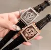 뜨거운 브랜드 전환 럭키 시계 완전 크리스탈 정품 가죽 사각형 손목 시계 다이아몬드 다이얼 기하학적 여성 쿼츠 사랑 시계