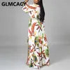 Long Sleeve V Neck Peacock Printed Maxi Dress Elegant Slit Long Dresses 210702