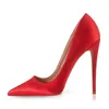 Genshuo女性のポンプ尖ったつま先ハイヒール12cmパーティーの結婚式のスティレットヒール靴黒赤サテンプラスサイズ12 Zapatos de Mujer 210329