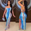 Sisterlinda Tie Dye Skinny Bez Ramiączek Maxi Dress Dla Kobiet Sexy Lace Up Bandaż Backless Halter Długa Sukienka Lady Party Beach Nosić Y1006