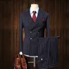 Abiti da uomo 2 pezzi Abito doppiopetto vintage Blu scuro a righe Terno Slim Fit Grandi risvolti Matrimonio Sposo Smoking Frac Uomo X0909