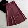 Höst Vinter Kvinnor PU Kjolar Sashes Fashion High Waist Midi Skirt Office Lady Solid Bottoms B08908K 210310