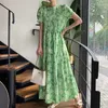 Korejpaa Abito da donna estivo coreano chic da donna colore verde fresco girocollo design a pieghe maniche a sbuffo allentate abiti 210526