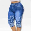 Printed False Denim Yoga Pant 3\4 Women Jeans Leggings High Waist Breeches Pants Super Elastic Jeggings Plus Size 5XL H1221